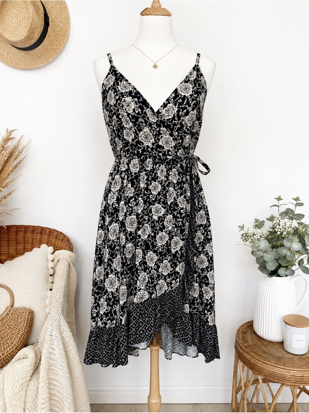 Lily Rose Black & White Floral Wrap Dress | Size Medium | Boho Cottagecore